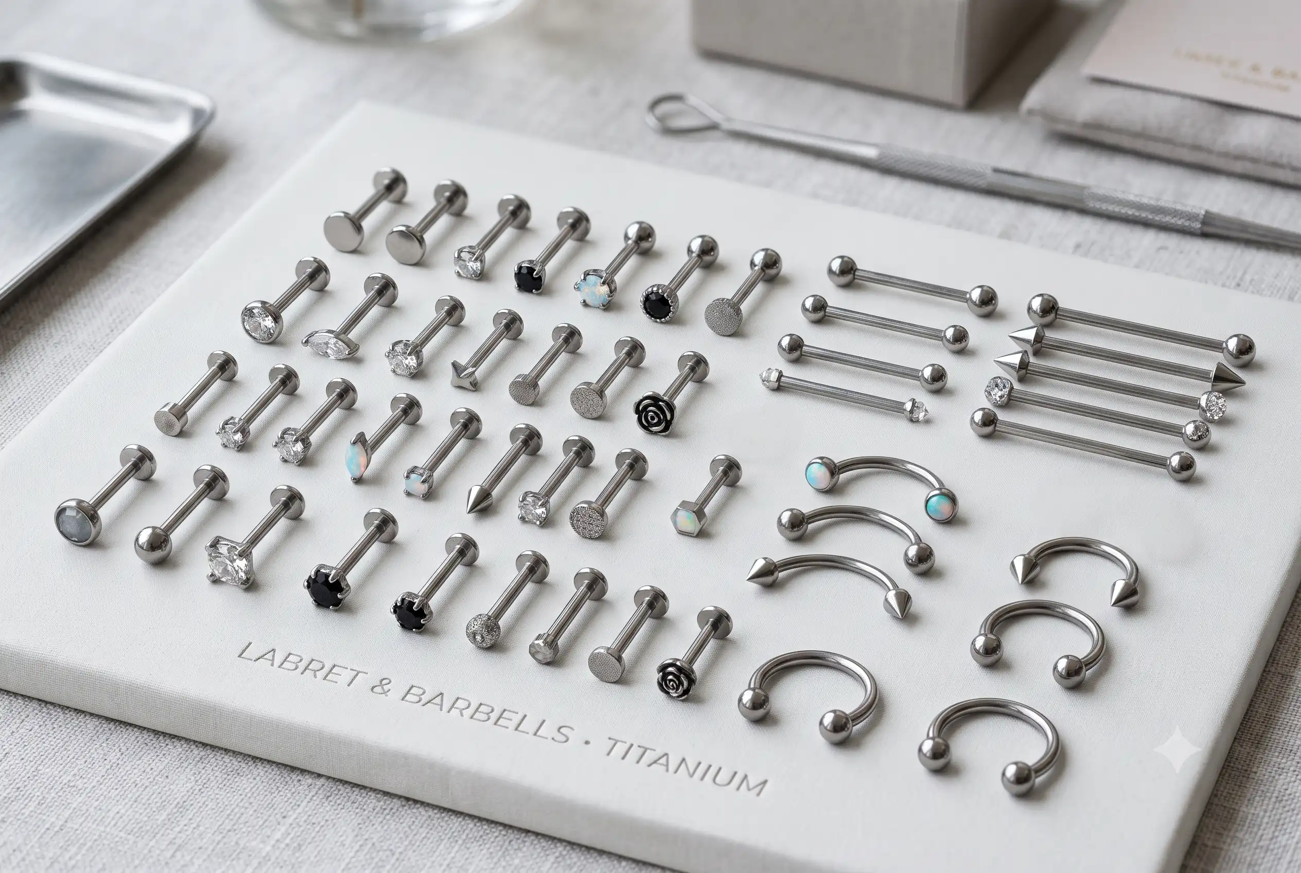 Titanium labret studs and straight barbells set
